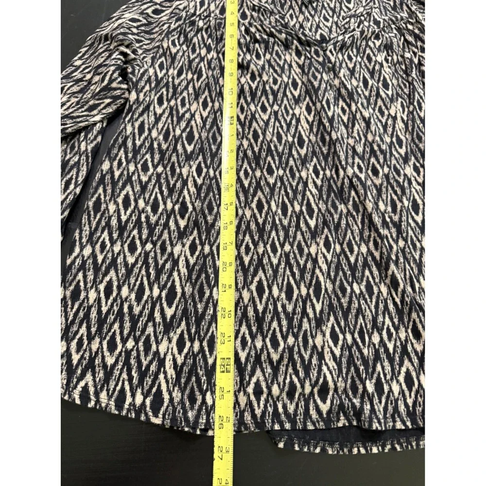 Lucky Brand Womens 2X Black Tan Geometric Diamond Ikat Print Long Sleeve Blouse